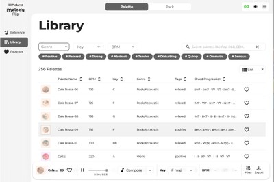 『Melody Flip』「Library」画面イメージ。約250種類の「Palette」を収録