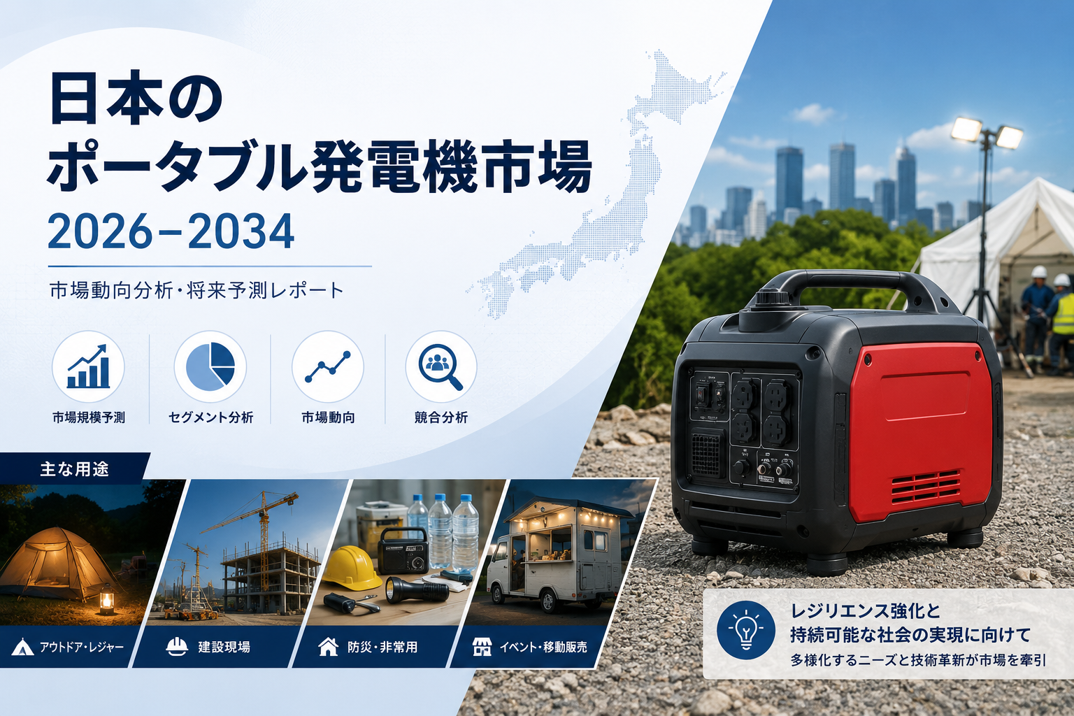 日本のポータブル発電機市場、2034年までにCAGR 3.37%で4億4,760万米ドルへ急拡大する見通し