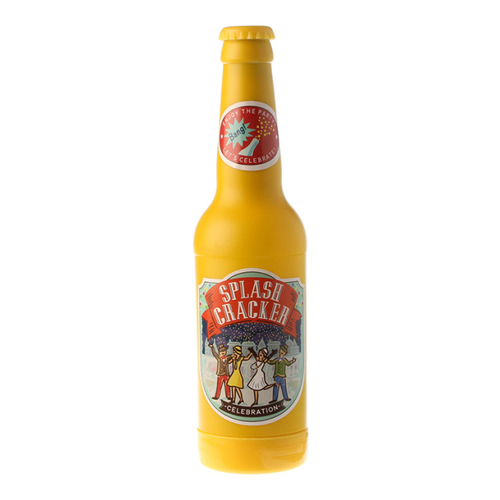 「ビール瓶パーティークラッカー イエロー」価格：429円／サイズ容量：Φ6×H22.5cm／中の四角い紙のサイズ：10mm