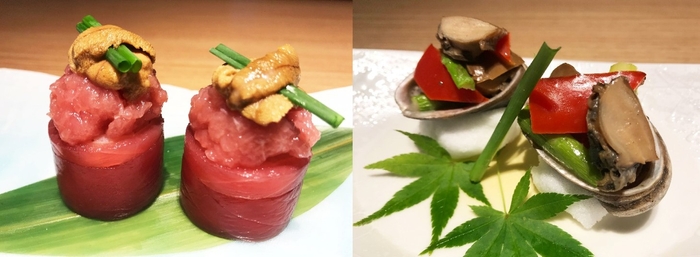 左)近大マグロの巻き寿司 近大産ウニのっけ 右)近大産トコブシのバター焼き