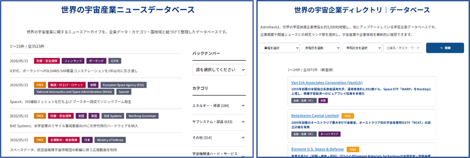 記事データベースと企業データベースのトップページ例