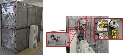 図1 キャビティ共振型ワイヤレス電力伝送システム (左側:製造工程の一区画を模擬した簡易モデル、右側:簡易モデルの内部)