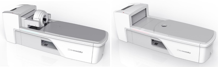 頭部・乳房用TOF-PET装置 (左)頭部撮影モード、(右)乳房撮影モード