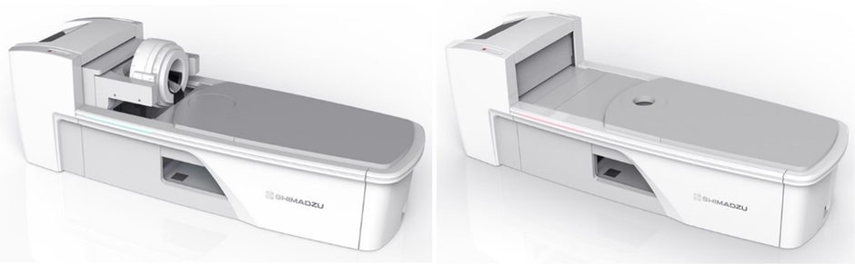 頭部・乳房用TOF-PET装置 (左)頭部撮影モード、(右)乳房撮影モード