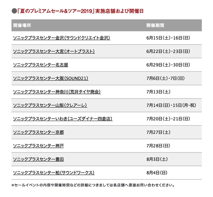 「夏のプレミアムセール＆ツアー 2019」実施店舗および開催日