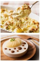 【上】(1)鶏肉と白菜のチーズ焼き 【下】(2)キャラメルポワール