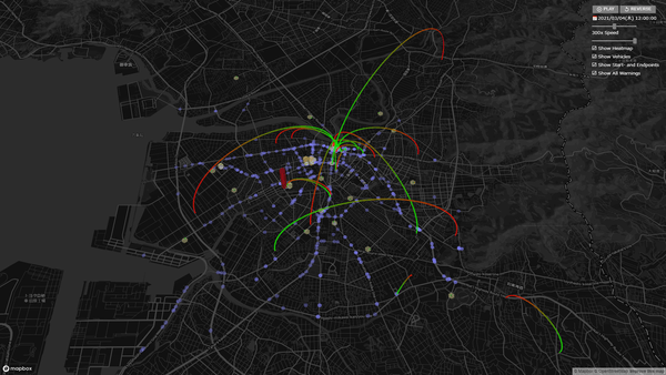 「運行安全管理システム(開発中)」の画面例 ー 豊橋市近辺、2021/3/4 12:00 (※4)