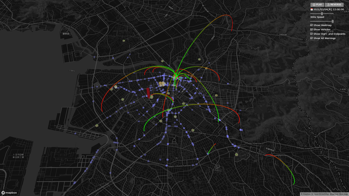 「運行安全管理システム(開発中)」の画面例 ー 豊橋市近辺、2021/3/4 12:00 (※4)