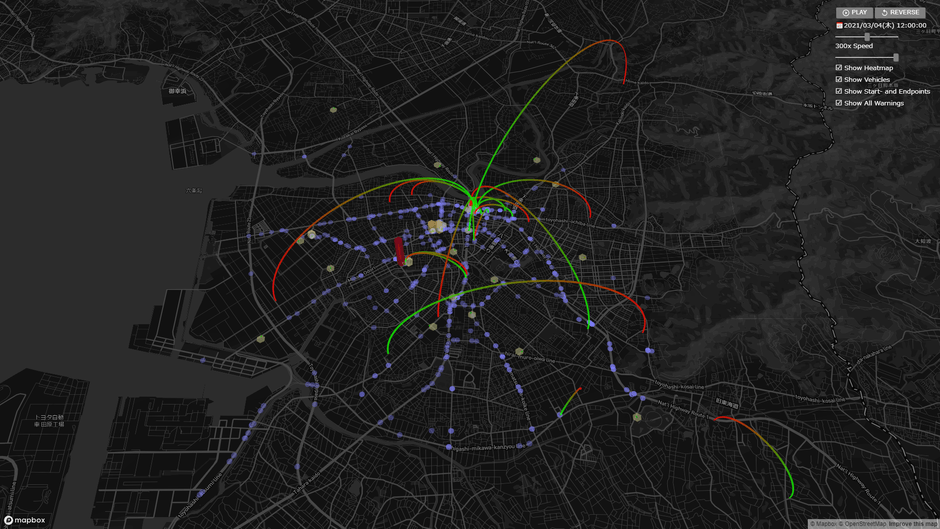 「運行安全管理システム(開発中)」の画面例 ー 豊橋市近辺、2021/3/4 12:00 (※4)