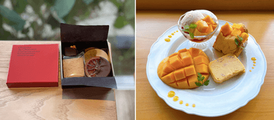「近大柑橘」toco*towa chocolat collection（左）、近大マンゴーづくしのアフタヌーンティー（右）