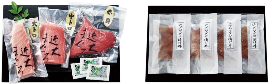 黒門市場<新魚栄>近大マグロセット(左)、黒門市場<新魚栄>近大マグロ漬け丼セット(右)