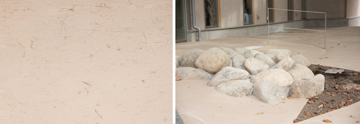 左から:“牧草”を漆喰に練りこんだ独自の壁材、掘り出した石のモニュメント