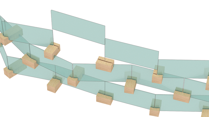 図2. 世界初の構造体となるガラスつづら折り構造「GLCウォール（Glass LVL composite wall）」