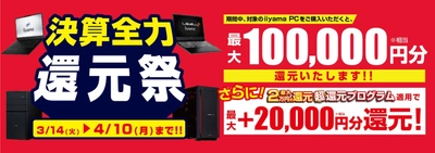 人気のゲーミングPCから即戦力のビジネスPCまで 最新パソコンをお得に手に入れよう！ 対象iiyama PCのご購入で最大10万円分相当を還元する 「決算全力還元祭」を3月14日より期間限定で開催！ 「最大2万円分還元！ 超還元プログラム」併用で更にお得に！