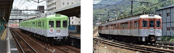 (左)5月デビューの1151編成 (右)今回デビューの1357編成(イメージ)※写真は過去のデ1100形のものです。