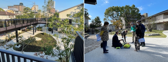 生活に溶け込むデザインの回廊(左)　近隣の方も交えAED講習会を開催(右)