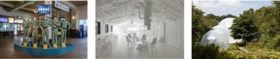 【左】明和電機《ひっぱれ!六甲ケーブルカー》 2017年 六甲ケーブル【中央】開発好明《スペース・ホワイト・カフェ(SWCafe)》 2017年 天覧台【右】奥中章人《Inter-world-sway》 2017年 六甲オルゴールミュージアム