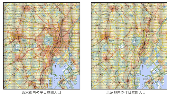 東京都内の平日(左)と休日(右)の昼間人口(12-15時)の比較