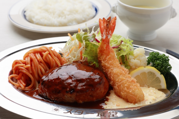 ハンバーグとエビフライ　デミグラスソース