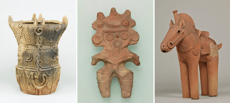 左：深鉢形土器(縄文時代〔中期〕・前3000～前2000年、長野県伊那市宮ノ前出土)、中央：みみずく土偶(縄文時代〔晩期〕・前1000～前400年、埼玉県鴻巣市滝馬室出土)、右：埴輪 馬(古墳時代・6世紀、群馬県伊勢崎市下触町出土)　※いずれも東京国立博物館所蔵