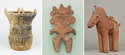 左:深鉢形土器(縄文時代〔中期〕・前3000~前2000年、長野県伊那市宮ノ前出土)、中央:みみずく土偶(縄文時代〔晩期〕・前1000~前400年、埼玉県鴻巣市滝馬室出土)、右:埴輪 馬(古墳時代・6世紀、群馬県伊勢崎市下触町出土) ※いずれも東京国立博物館所蔵