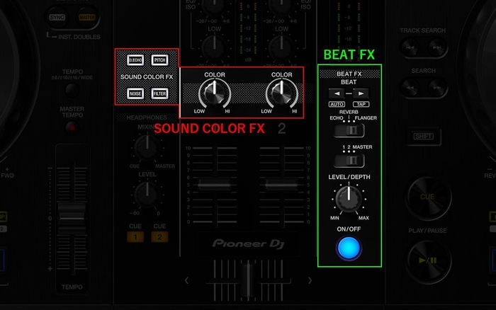 3種類の「BEAT FX」と4種類の「SOUND COLOR FX」でエフェクトを使った本格的で多彩なDJプレイが可能