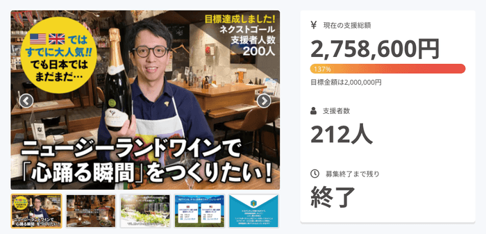 クラウドファンディングで275万円の支援を得ました