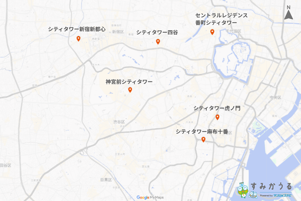 画像3：東京都心部における代表的なシティタワーを示した地図（マンションナビ）