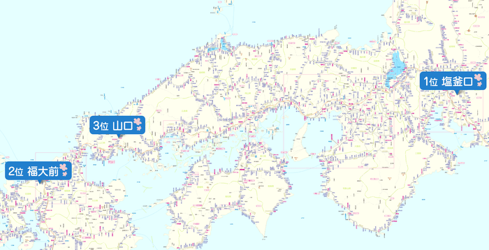 1位から3位の駅にピンを立てた路線図のイメージ