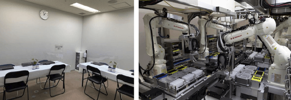 PCR検査センター受付（左）、コンテナ内で稼働するロボット（右）