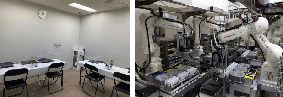 PCR検査センター受付(左)、コンテナ内で稼働するロボット(右)