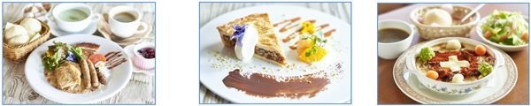 【左から】チキンとブラートブルスト（ソーセージ）のベルナープラッテ、エンガディナー・ヌストルテ、ツーヒャー・ゲシュネッツエルテスの“焼きパスタ”