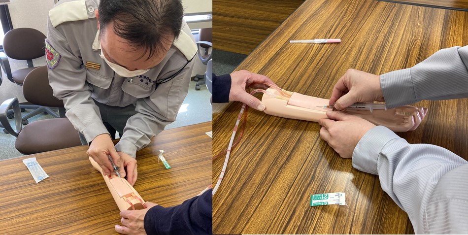 救急救命士に静脈路確保等の実習指導 教員が災害協定、支援活動の一環として実施