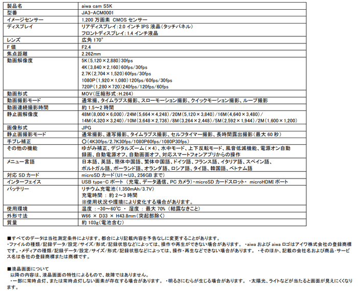 aiwacamS5K主な仕様