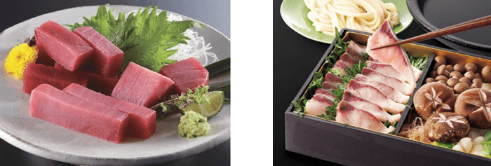 黒門市場　新魚栄　近大マグロセット（左）、近大技術支援　食縁のブリ　出汁しゃぶセット（右）