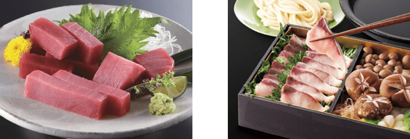 黒門市場　新魚栄　近大マグロセット（左）、近大技術支援　食縁のブリ　出汁しゃぶセット（右）