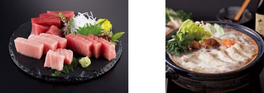 黒門市場 新魚栄 近大マグロセット(左)、近大クエタマ鍋(右)