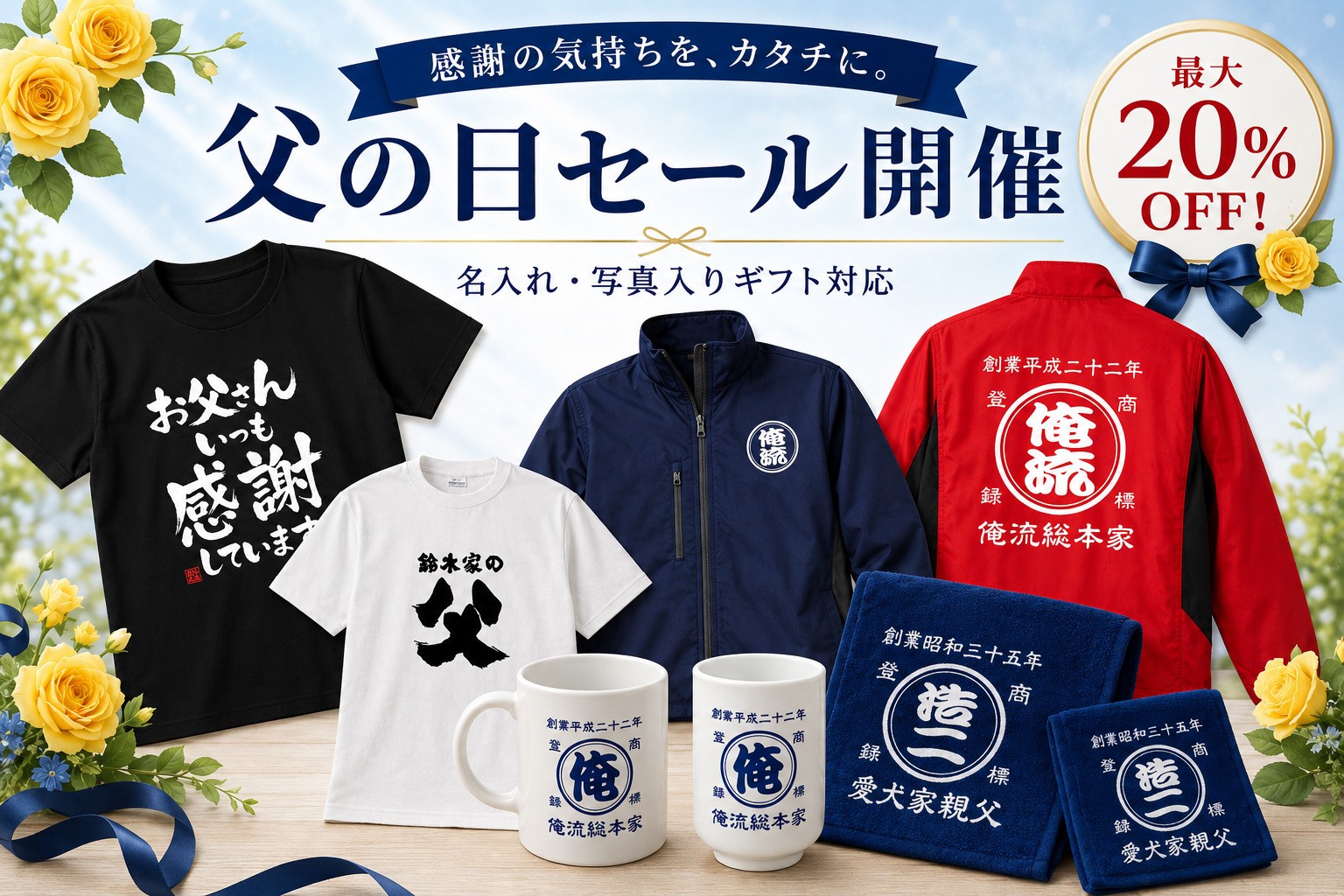 【父の日セール開催】名入れTシャツやオリジナルギフトなど父の日人気商品が最大20%OFF