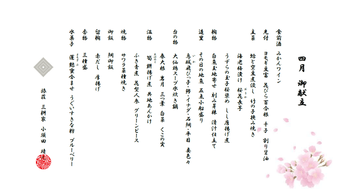 ※一例です。仕入れによっては、一部内容が変更となる場合がございます。