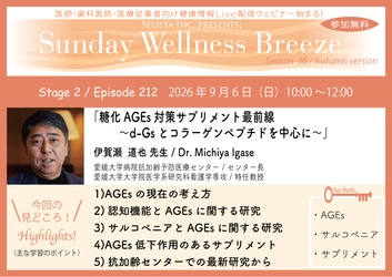 《医師・歯科医師・薬剤師向け》 無料オンラインセミナー9/6(日)朝10時開催 『糖化AGEs対策サプリメント最前線 ～d-Gsとコラーゲンペプチドを中心に～』 伊賀瀬 道也 先生 (愛媛大学病院抗加齢予防医療センター／センター長)
