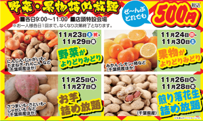 期間中毎日開催!大好評「野菜・果物詰め放題」