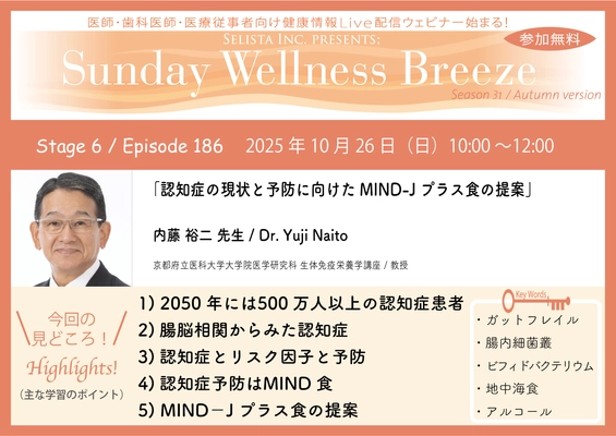 『認知症の現状と予防に向けたMIND-Jプラス食の提案』 無料オンラインセミナーを10/26(日)朝10時開催 《医師・歯科医師・薬剤師向け》 内藤 裕二 先生 (京都府立医科大学大学院医学研究科 生体免疫栄養学講座／教授)
