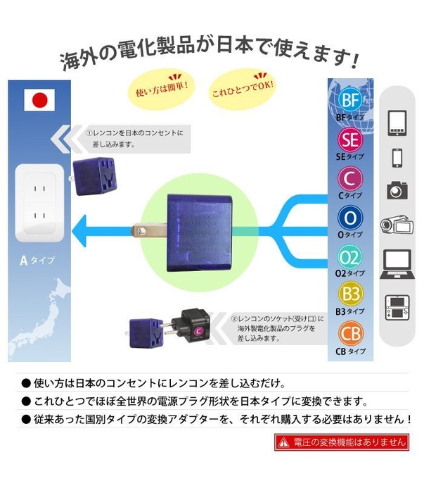 海外の家電製品が日本で使えます ※電気製品によっては別途変圧器が必要な場合があります