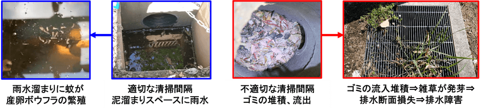 適切な清掃をすれば蚊の繁殖地となり、不適切であれば排水障害を起こす