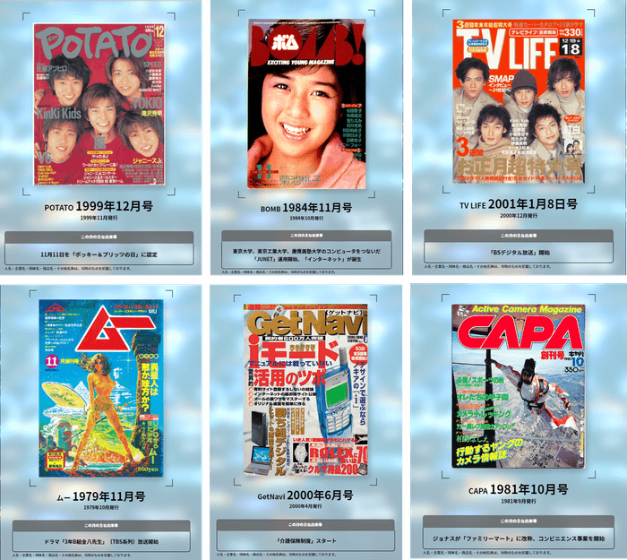 その月に刊行された懐かしい雑誌の表紙と、その月を代表する出来事が表示されます