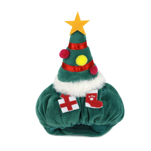 【NEW】「ペットヘッドギア クリスマスツリー」価格：759円／クリスマスツリーデザインのほっかむりタイプのペット用帽子です。耳を通す穴が開いています。