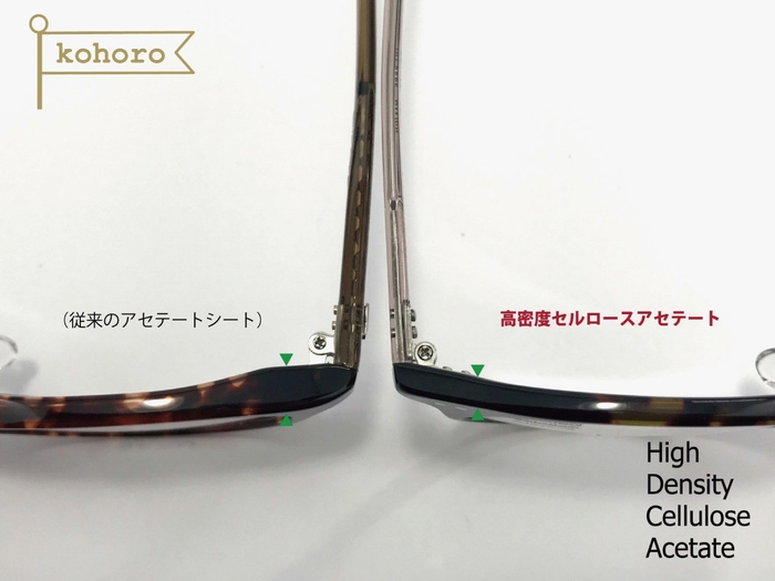 アセチ特有の美しさはそのままに、軽量で、硬く、変形しにくい、高密度セルロースアセテート セルフレームでこの軽さと薄さは大変魅力的です