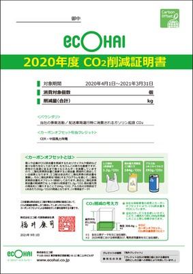 2020年度 年間CO2削減証明書