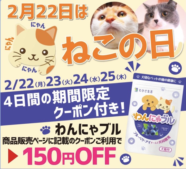 本日2月22日は「ねこの日」！わかさ生活のペット用サプリメント『わんにゃブル』や情報サイト「わんにゃ365」で愛猫のひとみの健康を考えてみませんか？