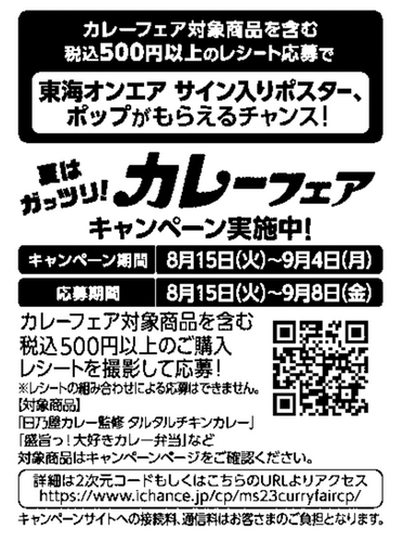 カレーフェア対象商品を含む税込５００円以上の購入の応募レシート画像（サイトは８月１５日～、画像はイメージです。）